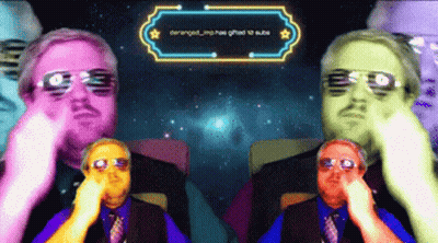 Two Men Wearing Sunglasses Are Sitting In Front Of A Neon Sign That Says Deranged_mp Has Gifted To Cube GIF