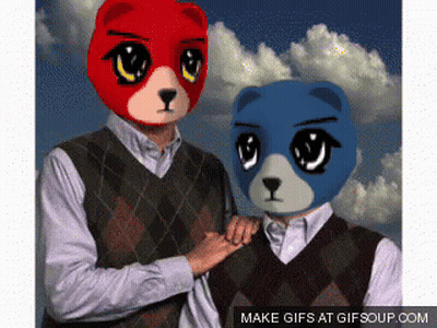 Two Men Wearing Teddy Bear Masks With Make Gifs At Gifsoup.com Below Them GIF