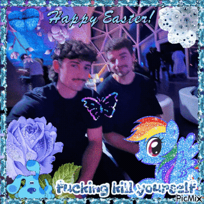 Two Men With Butterfly Shirts And Rainbow Dash Saying Happy Easter GIF