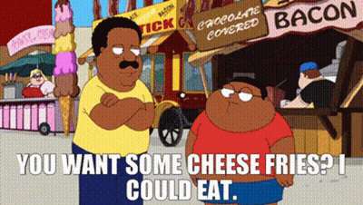 Two Men With Cheese Fries Saying You Want Some Cheese Fries I Could Eat GIF