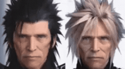 Two Men With Different Hairstyles Are Standing Next To Each Other . GIF
