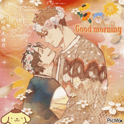 Two Men With Flowers On Heads Saying Good Morning GIF