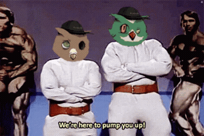 Two Men With Owl Faces Saying We're Here to Pump You Up