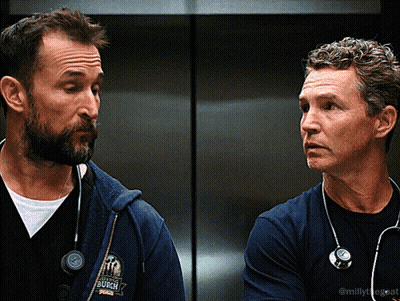 Two Men With Stethoscopes One Wearing Burgh Shirt GIF