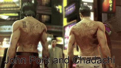 Two Men With Tattoos On Their Backs Standing Next To Each Other With The Words John Pork And Chadachi Below Them GIF