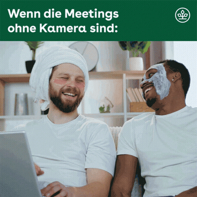 Two Men With Towels On Heads Laughing At Laptop Wenn Die Meetings Ohne Kamera Sind GIF