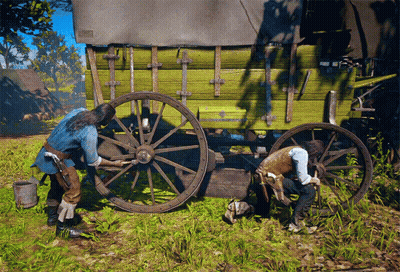 Two Men Working On Wagon Wheel In Video Game GIF