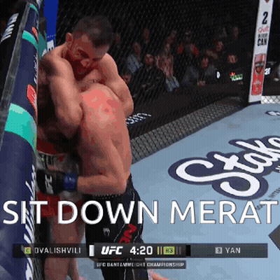Two Men Wrestling In Cage Saying Sit Down Merat GIF