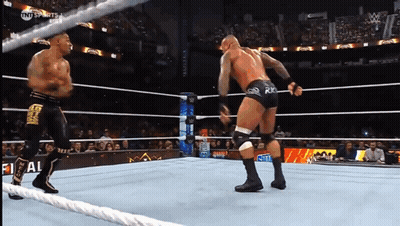 Two Men Wrestling In Ring, One In RV Shorts GIF
