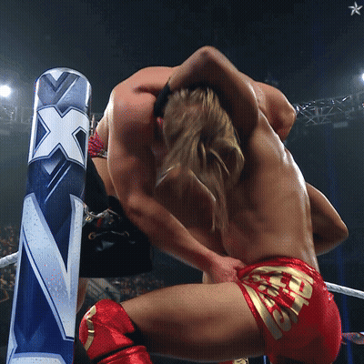 Two Men Wrestling In Ring With Blue X On Post GIF