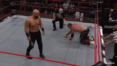 Two Men Wrestling In Ring With IMF On Wall GIF