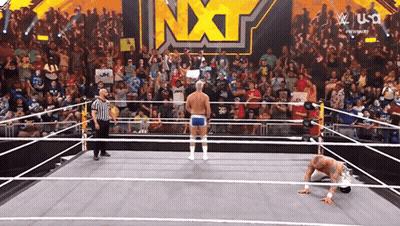 Two Men Wrestling In Ring With NXT Sign And Crowd GIF