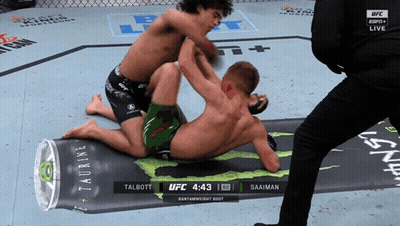 Two Men Wrestling In UFC Ring With Taurine Can GIF