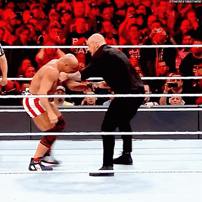 Two Men Wrestling With Referee And Crowd GIF