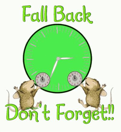 Two Mice Holding Green Clock Saying Fall Back Don't Forget GIF