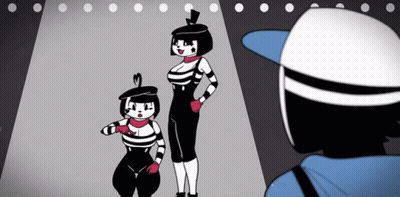 Two Mime Girls Standing In Front Of Man In Blue Hat GIF