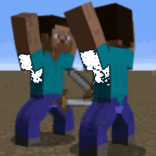 Two Minecraft Characters Are Standing Next To Each Other Holding Swords GIF