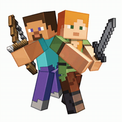 Two Minecraft Characters Standing Next To Each Other Holding Swords GIF