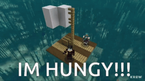 Two Minecraft Characters Standing On A Wooden Dock With The Words Im Hungy !!! Below Them GIF
