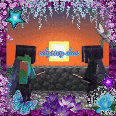 Two Minecraft Characters With Purple Flowers Saying Odyssey Duo GIF