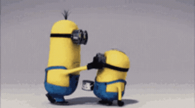 Two Minions Are Standing Next To Each Other And One Is Holding Another Minion 'S Arm GIF