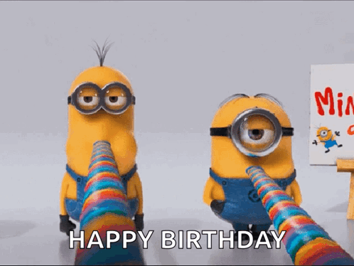 Two Minions Are Standing Next To Each Other With A Sign That Says Happy Birthday In The Background GIF