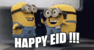 Two Minions Are Standing Next To Each Other With The Words Happy Eid GIF