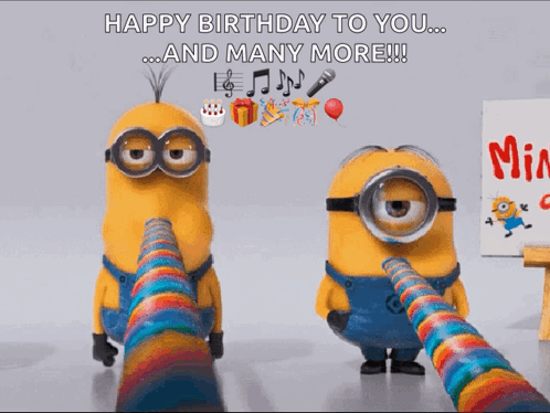 Two Minions Blowing Horns With The Words " Happy Birthday To You ... And Many More !!! " GIF