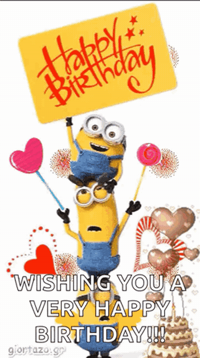 Two Minions Holding Balloons And Happy Birthday Sign GIF