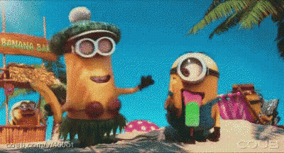 Two Minions In Front Of Banana Bar Sign GIF