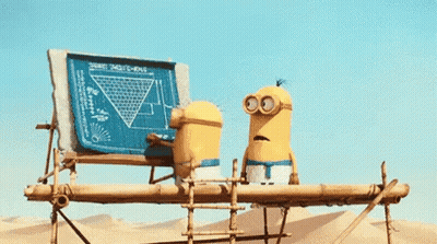 Two Minions On Scaffolding Looking At Blueprint In Desert GIF