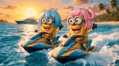 Two Minions Riding Jet Skis GIF