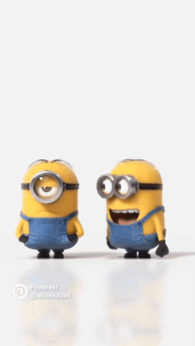 Two Minions Standing Next To Each Other GIF