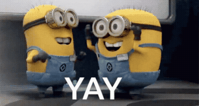 Two Minions Standing Together Saying Yay GIF