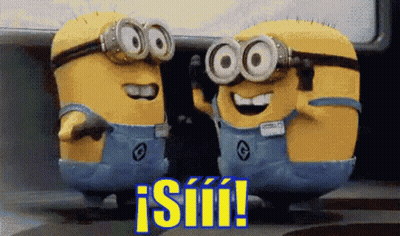 Two Minions Standing With ¡Siii! In Blue GIF