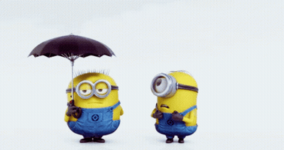 Two Minions Under Umbrellas One With Letter O GIF