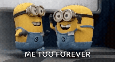 Two Minions Wearing Goggles And Overalls Are Standing Next To Each Other . GIF