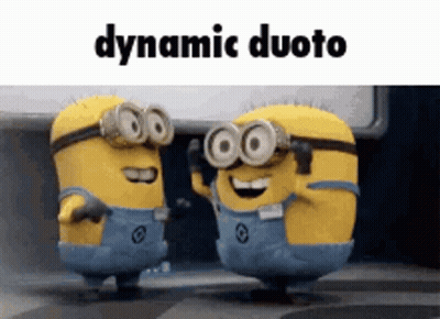 Two Minions Wearing Goggles Are Standing Next To Each Other And The Words Dynamic Duoto Are Above Them GIF