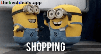 Two Minions Wearing Goggles Are Standing Next To Each Other With The Word Shopping Below Them GIF