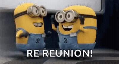 Two Minions Wearing Goggles Are Standing Next To Each Other With The Words `` Re Reunion '' . GIF