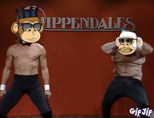 Two Monkeys Are Dancing In Front Of A Rippendales Sign GIF