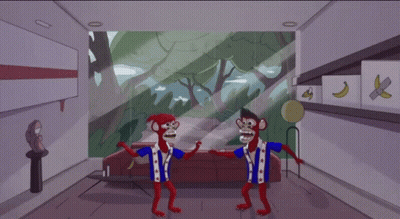 Two Monkeys Dancing In Room With Bananas GIF