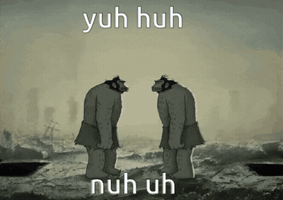 Two Monkeys Standing Next To Each Other With The Words Yuh Huh Nuh Uh GIF
