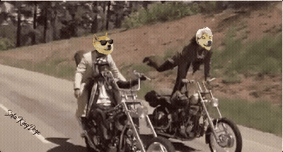 Two Motorcycle Riders With Doge Faces On Helmets GIF
