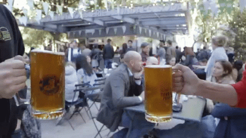 Two Mugs Of Beer Held Up At Beer Festival GIF