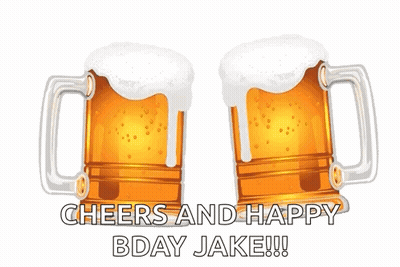 Two Mugs Of Beer With Foam On Top And The Words Cheers And Happy Bday Jake GIF