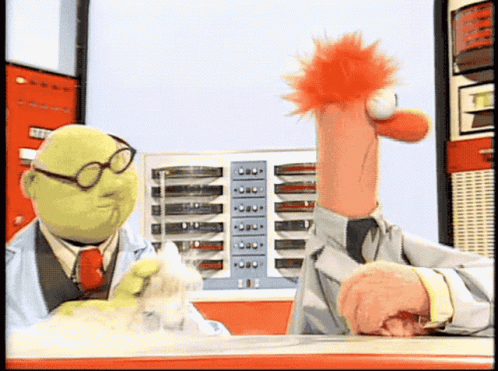 Two Muppets Are Sitting At A Table And One Is Wearing Glasses And A Lab Coat GIF
