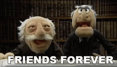 Two Muppets Are Sitting Next To Each Other In Front Of A Bookshelf With The Words `` Friends Forever '' . GIF