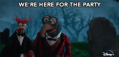 Two Muppets Are Standing In A Cemetery With The Words We 'Re Here For The Party Behind Them GIF