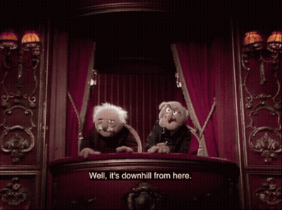 Two Muppets Sitting On Balcony Saying Well It's Downhill From Here GIF
